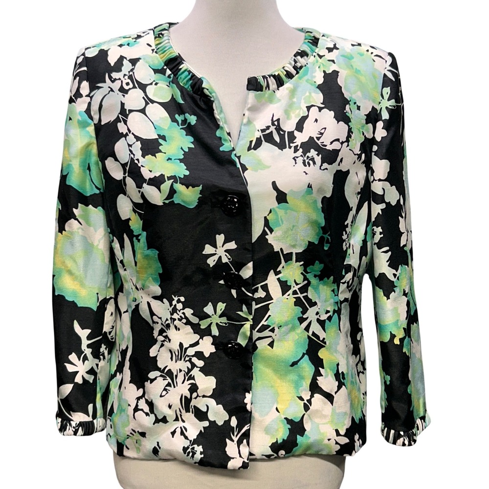Le Suit Petite Blazer Women 12P Black Green Floral Career Evening Ruffle Trim